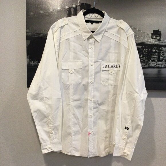 Ed Hardy White Button Down Shirt SZ L - Picture 1 of 11